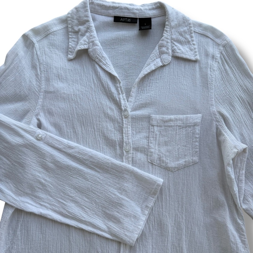 Apt 9 Sm White Cotton Gauze Button Down Roll Tab Sleeve Tunic Top Beach Nautical